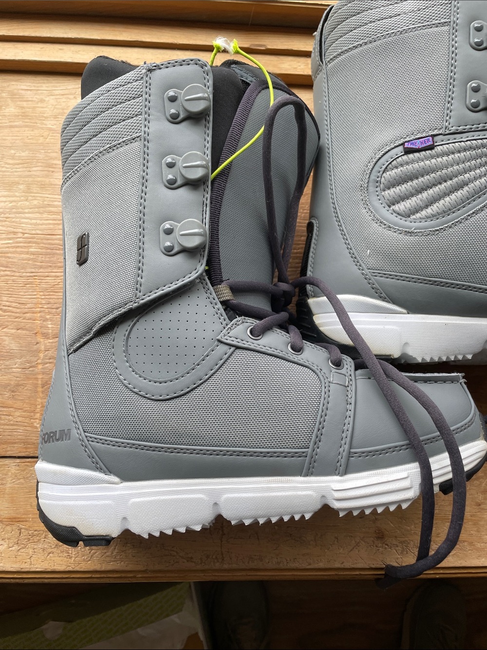 Gray Snowboard Boots with Neon Lime Lace Detail